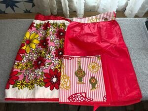 Lot of 2 Vintage Retro Red Floral Terry Towel Apron& Cotton Kitchen Items Aprons